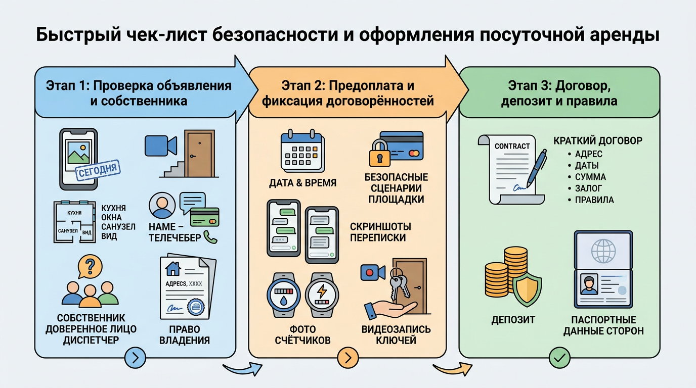 Быстрый чек-лист безопасности и оформления посуточной аренды